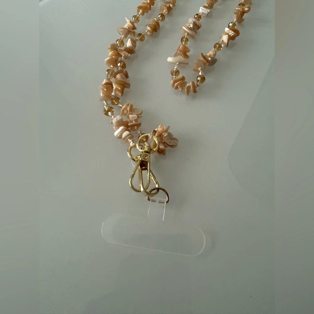 Tan mother of pearl Shell Beaded Cell Phone Strap